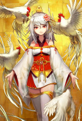 Rule 34 | 1girl, adapted costume, bare shoulders, bird, chick, chicken, chinese clothes, grey thighhighs, hair between eyes, hair ornament, highres, looking at viewer, new year, original, red eyes, rooster, sassa (cb), smile, solo, standing, thighhighs, white hair, white thighhighs, wide sleeves, yellow background, zettai ryouiki