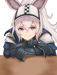 Rule 34 | 1girl, animal ears, arknights, armor, black collar, black gloves, blue jacket, collar, commentary, gloves, grani (arknights), hair between eyes, horse ears, infection monitor (arknights), jacket, light blush, looking at viewer, moth1, ponytail, purple eyes, simple background, smile, solo, table, upper body, visor, visor lift, white background, white hair