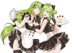Rule 34 | 2girls, alternate costume, animal ears, back, blush, breasts, cake, cleavage, commentary, commission, cup, english commentary, fake animal ears, feet out of frame, food, girls&#039; frontline, green hair, hair ornament, hairclip, hand on own hip, highres, holding, holding cake, holding cup, holding food, holding saucer, long hair, looking at viewer, looking away, magal (girls&#039; frontline), maid, medium breasts, medium hair, mk48 (girls&#039; frontline), mug, multiple girls, one eye closed, open mouth, parted lips, pixiv commission, plate, red eyes, saucer, sideboob, silayloe, standing, white background, yellow eyes