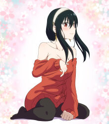 Rule 34 | 1girl, bare shoulders, black hair, black pantyhose, blush, breasts, cleavage, earrings, gold earrings, hair between eyes, hairband, highres, hugimosi, jewelry, large breasts, long hair, looking at viewer, no bra, off-shoulder sweater, off shoulder, pantyhose, red eyes, red sweater, simple background, sitting, solo, spy x family, sweater, wariza, white hairband, yor briar