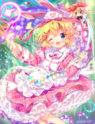 Rule 34 | 2girls, ;d, amo (shibu3), animal ears, apron, bamboo, bamboo forest, bandages, black bow, blonde hair, blue eyes, blurry, blurry background, blush, bow, collared dress, commentary request, depth of field, dress, forest, frilled apron, frills, hair between eyes, hair bow, hair ornament, hairclip, hat, heart, highres, holding, holding syringe, juliet sleeves, long sleeves, medicine melancholy, multiple girls, nature, nurse cap, one eye closed, open mouth, pill, pink dress, plaid, plaid dress, pleated dress, puffy sleeves, rabbit ears, red bow, signature, smile, su-san, syringe, touhou, touhou lostword, white apron, white bow, white headwear