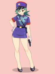 Rule 34 | 1girl, absurdres, bare legs, breasts, brown eyes, commentary request, creatures (company), full body, game freak, gloves, green hair, gun, hat, highres, holding, holding gun, holding weapon, jenny (pokemon), long legs, medium breasts, nintendo, pencil skirt, pokemon, pokemon (anime), pokemon (classic anime), police, police hat, police uniform, policewoman, rokoido12, short hair, short sleeves, skirt, solo, standing, uniform, weapon, white gloves