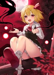 Rule 34 | 1girl, black skirt, black vest, blonde hair, blush, bobby socks, collared shirt, commentary request, darkness, fang, full moon, hair ribbon, highres, long sleeves, looking at viewer, moon, open mouth, red eyes, red footwear, red ribbon, ribbon, ruhika, rumia, shirt, shoes, short hair, sitting, skirt, smile, socks, solo, touhou, vest, white shirt, white socks