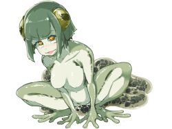 Rule 34 | 1girl, :&gt;, blush, breasts, closed mouth, colored skin, completely nude, egg laying, frfr, frog girl, full body, green hair, heart, heart-shaped pupils, highres, medium breasts, monster girl, multicolored skin, nude, open mouth, original, rolling eyes, short hair, simple background, solo, symbol-shaped pupils, webbed hands, white background, yellow eyes
