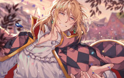 Rule 34 | 1boy, black jacket, blonde hair, blue eyes, blue gemstone, blurry, blurry background, blush, cloud, cloudy sky, collarbone, collared shirt, earrings, evening, fingernails, frills, gem, gradient sky, green gemstone, hair between eyes, hand up, house, howl (howl no ugoku shiro), howl no ugoku shiro, jacket, jewelry, leaf, long sleeves, looking at viewer, male focus, multicolored clothes, multicolored jacket, necklace, open clothes, open jacket, outdoors, petals, pink jacket, purple sky, red jacket, ronpu cooing, shirt, short hair, sky, smile, solo, sparkle, standing, teeth, two-sided fabric, two-sided jacket, upper body, white shirt, yellow sky