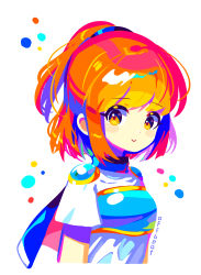 Rule 34 | 1girl, absurdres, arle nadja, armor, blue cape, blush, breastplate, brown hair, cape, highres, looking at viewer, offbeat, ponytail, puyopuyo, shirt, simple background, smile, solo, white background, white shirt, yellow eyes