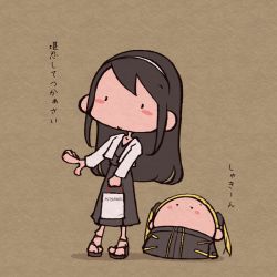 Rule 34 | 10s, 2girls, alternate costume, aoki hagane no arpeggio, bag, black hair, blazer, blonde hair, boots, chibi, coat, haruna (aoki hagane no arpeggio), haruna (kancolle), jacket, kantai collection, long hair, masakappa, mitsukoshi (department store), multiple girls, name connection, toeless footwear, shoes, shopping bag, thigh boots, thighhighs, translation request, twintails