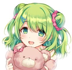 Rule 34 | 1girl, :d, bare shoulders, blush, commentary request, double bun, fingernails, green eyes, green hair, hair between eyes, hair bun, hair ornament, hair scrunchie, hairclip, holding, holding stuffed toy, long hair, morinaka kazaki, nail polish, nijisanji, nikyuppa, open mouth, pink nails, red scrunchie, scrunchie, side bun, simple background, smile, solo, stuffed animal, stuffed toy, teddy bear, two side up, upper body, virtual youtuber, white background