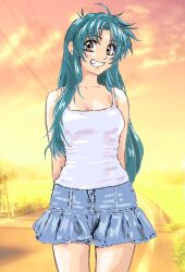 Rule 34 | 1girl, arms behind back, bare shoulders, blue hair, blue shorts, breasts, brown eyes, camisole, chidori kaname, cloud, collarbone, fang, full metal panic!, gradient sky, grin, highres, legs apart, long hair, medium breasts, mizumori keiichi, multicolored sky, outdoors, pink sky, purple sky, road, shorts, sky, smile, solo, standing, teeth, twilight, white camisole, yellow sky