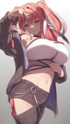 Rule 34 | 1girl, azur lane, black choker, black jacket, black pants, breasts, bremerton (azur lane), choker, commentary request, contemporary, cowboy shot, crop top, gradient background, grey background, grey hair, hayato rikin, highres, jacket, large breasts, long hair, looking at viewer, midriff, mole, mole under eye, multicolored hair, nail polish, navel, official alternate costume, pants, pink eyes, pink hair, pink lips, pink nails, smirk, solo, standing, stomach, streaked hair, twintails, unzipped, white background, zozotown