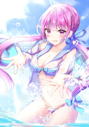Rule 34 | 1girl, ahoge, bare shoulders, bikini, braid, breasts, cleavage, collarbone, colored inner hair, day, front-tie bikini top, front-tie top, highres, hololive, jacket, large breasts, long hair, looking at viewer, minato aqua, multicolored hair, navel, off shoulder, open clothes, open jacket, open mouth, outdoors, outstretched arms, purple eyes, purple hair, sailor bikini, sailor collar, side-tie bikini bottom, sidelocks, smile, solo, stomach, streaked hair, striped bikini, striped clothes, sunlight, swimsuit, thighs, twintails, very long hair, virtual youtuber, wading, water, wet, yuano