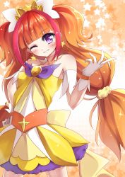 Rule 34 | 1girl, ;), amanogawa kirara, bad id, bad pixiv id, bare shoulders, cure twinkle, earrings, gloves, go! princess precure, hand on own hip, highres, jewelry, long hair, looking at viewer, magical girl, multicolored hair, one eye closed, orange hair, precure, purple eyes, red hair, smile, solo, soramuko, star (symbol), star earrings, starry background, twintails, two-tone hair, white gloves