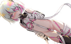 Rule 34 | 0shino, 1girl, asymmetrical legwear, blush, crotch strap, donah donah, elbow gloves, eyepatch, flat chest, gloves, gluteal fold, highres, licking, mismatched legwear, multicolored hair, nose blush, pink eyes, pink hair, porno (donah donah), revealing clothes, short hair, simple background, solo, strap, thighhighs, tongue, white background, white hair