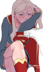 Rule 34 | 1girl, alien, animification, arm support, blonde hair, blue eyes, blue skirt, boots, cape, crossed legs, dc comics, face, female focus, kryptonian, long hair, long sleeves, midriff, realistic, red cape, red footwear, ricken, s shield, shoes, signature, sitting, skirt, solo, supergirl, superman (series)