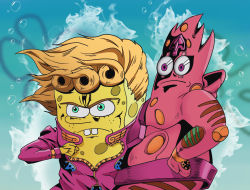 Rule 34 | 2girls, absurdres, air bubble, blonde hair, blue background, bubble, buck teeth, closed mouth, floating hair, frown, fusion, giorno giovanna, giorno giovanna&#039;s pose (jojo), gold experience requiem, green eyes, hand on own hip, highres, jacket, jojo no kimyou na bouken, jojo pose, long sleeves, male focus, multiple girls, parody, patrick star, pink jacket, spongebob squarepants, spongebob squarepants (series), teeth, turtle king, underwater, vento aureo