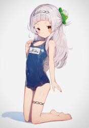 Rule 34 | 1girl, barefoot, blue one-piece swimsuit, brown eyes, commentary, covered navel, feet, female focus, full body, grey background, hair bun, highres, hololive, kneeling, liely, looking at viewer, murasaki shion, name tag, one-piece swimsuit, pulled by self, school swimsuit, simple background, smile, solo, swimsuit, symbol-only commentary, thighs, toes, virtual youtuber, white hair