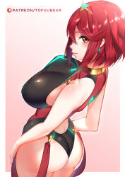 Rule 34 | 1girl, ahoge, ass, bare shoulders, blush, breasts, breasts apart, competition swimsuit, earrings, from above, from side, half-closed eyes, jewelry, large breasts, looking at viewer, nintendo, one-piece swimsuit, orange eyes, pyra (pro swimmer) (xenoblade), pyra (xenoblade), red hair, shiny clothes, shiny skin, short hair, smile, solo, swept bangs, swimsuit, tofuubear, xenoblade chronicles (series), xenoblade chronicles 2