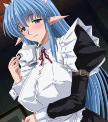 Rule 34 | 1girl, blue hair, blush, breasts, covered erect nipples, cum, cum in container, cum in cup, cup, drinking, elf, gokkun, green eyes, highres, holding, holding cup, huge breasts, inyutsu no yakata the animation, maid, pointy ears, solo, swallowing