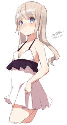 Rule 34 | 1girl, bare arms, bare shoulders, blush, breasts, closed mouth, cowboy shot, dated, dress, light brown hair, long hair, looking at viewer, maze (gochama ze gohan), original, signature, simple background, sketch, sleeveless, sleeveless dress, small breasts, solo, twintails, white background, white dress