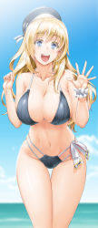 Rule 34 | 10s, 1girl, atago (kancolle), bikini, black bikini, blonde hair, blue eyes, blue sky, breasts, cleavage, collarbone, curvy, day, female focus, fingernails, hat, henshako, highres, kantai collection, large breasts, long hair, looking at viewer, multi-strapped bikini bottom, navel, ocean, open mouth, shiny skin, sky, smile, solo, stomach, swimsuit, thigh gap, very long hair, wide hips, wrist cuffs