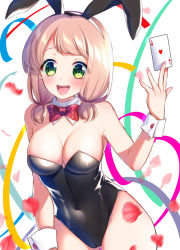 Rule 34 | 1girl, ace (playing card), ace of hearts, animal ears, bang dream!, bare shoulders, black leotard, bow, bowtie, breasts, card, cleavage, commentary request, detached collar, fake animal ears, green eyes, hair over shoulder, heart, highres, leotard, looking at viewer, medium breasts, nail polish, open mouth, pink hair, playboy bunny, playing card, rabbit ears, rabbit tail, red bow, red bowtie, short hair, smile, solo, strapless, strapless leotard, tail, tsurugi hikaru, uehara himari, wrist cuffs