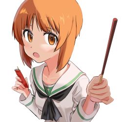 Rule 34 | 1girl, black neckerchief, blouse, brown eyes, brown hair, commentary, food, foreshortening, girls und panzer, giving, highres, holding, holding food, lazurite (user 8870367), long sleeves, looking at viewer, neckerchief, nishizumi miho, ooarai school uniform, open mouth, pocky, sailor collar, school uniform, serafuku, shirt, short hair, simple background, solo, white background, white sailor collar, white shirt