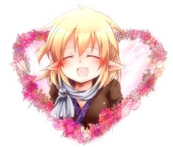 Rule 34 | 1girl, :d, ^ ^, bad id, bad pixiv id, blonde hair, blush, closed eyes, closed eyes, female focus, flower, happy, heart, kazusa919329, mizuhashi parsee, open mouth, pointy ears, scarf, shirt, short hair, smile, solo, touhou, upper body