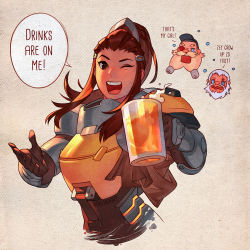 Rule 34 | 1girl, 2boys, alcohol, armor, beard, beer, beer mug, blonde hair, brigitte (overwatch), brown hair, chibi, crying, cup, english text, eyepatch, facial hair, grey hair, looking at viewer, mug, multiple boys, mustache, nana nakano, one eye closed, open mouth, overwatch, overwatch 1, reinhardt (overwatch), simple background, smile, speech bubble, torbjorn (overwatch), upper body