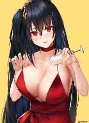 Rule 34 | 1girl, ahoge, alcohol, anti (0324), azur lane, bare shoulders, black hair, blush, breast lift, breasts, choker, cleavage, collarbone, commentary, dress, glass, hair between eyes, hair ornament, head tilt, highres, large breasts, lips, lipstick, long hair, looking at viewer, makeup, official alternate costume, parted lips, pink lips, pouring, pouring onto self, red dress, red eyes, sideboob, simple background, solo, strap pull, taihou (azur lane), taihou (forbidden feast) (azur lane), twitter username, very long hair, yellow background