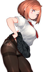 Rule 34 | 10s, 1girl, black pantyhose, black skirt, blush, blush stickers, boku no hero academia, breasts, brown eyes, brown hair, clothes lift, crotch seam, highres, large breasts, lifted by self, looking at viewer, necktie, panties, panties under pantyhose, pantyhose, red necktie, revision, school uniform, shirt, shirt tucked in, short hair, short sleeves, simple background, skirt, skirt lift, solo, standing, thighband pantyhose, underwear, uraraka ochako, white background, white panties, white shirt, xiaoshou xiansheng