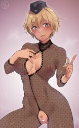 Rule 34 | 1girl, blonde hair, blush, bodysuit, brave witches, breasts, breasts apart, brown eyes, censored, cleavage, cleavage cutout, cleft of venus, clothing cutout, em (totsuzen no hakike), fishnet bodysuit, fishnets, hat, large breasts, military hat, nipples, no bra, no panties, pussy, pussy cutout, short hair, simple background, smile, solo, tongue, tongue out, waltrud krupinski, world witches series