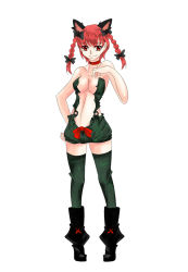 Rule 34 | 1girl, alternate costume, animal ears, aoshima, boots, braid, breasts, cat ears, cat girl, center opening, cleavage, female focus, green thighhighs, hair ribbon, hand on own hip, hip focus, kaenbyou rin, naked overalls, overalls, red eyes, red hair, ribbon, short hair, solo, standing, thighhighs, touhou, twintails