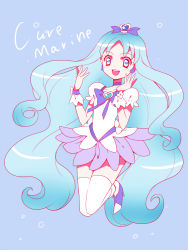 Rule 34 | 10s, 1girl, :d, blue background, blue eyes, blue hair, brooch, character name, cure marine, heart, heart brooch, heartcatch precure!, jewelry, kagami chihiro, kurumi erika, long hair, looking at viewer, magical girl, matching hair/eyes, open mouth, precure, skirt, smile, solo, thighhighs, very long hair, white thighhighs, wrist cuffs, zettai ryouiki