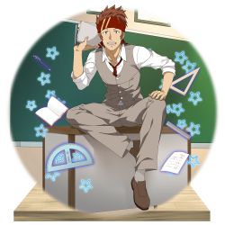 Rule 34 | 1boy, :d, bandana, brown eyes, brown footwear, brown hair, chalkboard, classroom, collarbone, collared shirt, desk, grey legwear, grey pants, grey vest, hand on own knee, highres, holding, indoors, klein (sao), leaning forward, long sleeves, looking at viewer, male focus, official art, open mouth, pants, red bandana, shirt, short hair, sitting, smile, solo, spiked hair, sword art online, sword art online: memory defrag, transparent background, vest, white shirt, wing collar