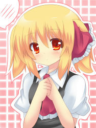 Rule 34 | 1girl, alternate hairstyle, ascot, bad id, bad pixiv id, blonde hair, blouse, blush, embodiment of scarlet devil, female focus, hair ribbon, hands on own chest, looking at viewer, own hands together, plaid, plaid background, puffy sleeves, red eyes, ribbon, rumia, shinekalta, shirt, short hair, shy, solo, spoken blush, square, touhou, twintails