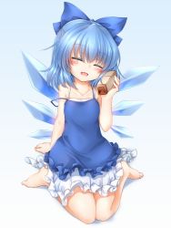 Rule 34 | 1girl, alternate costume, bare arms, bare shoulders, barefoot, blue background, blue bow, blue dress, blue hair, blush, bow, chemise, cirno, closed eyes, collarbone, commentary request, dress, facing viewer, full body, gradient background, hair bow, hand up, head tilt, highres, holding, ice, ice wings, marukyuu ameya, petticoat, shadow, short hair, sitting, solo, spaghetti strap, strapless, strapless dress, touhou, wariza, white background, wings