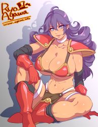 Rule 34 | 1girl, abs, agawa ryou, armor, artist name, bad id, bad tumblr id, blue eyes, boots, breasts, choker, cleavage, curly hair, dragon quest, dragon quest iii, huge breasts, looking at viewer, midriff, naughty face, purple hair, shadow, shoulder pads, smile, soldier (dq3), solo, toned, warrior, watermark, web address