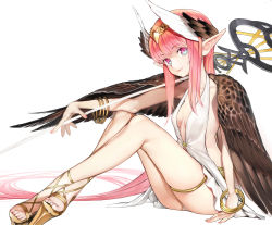 Rule 34 | 1girl, absurdly long hair, absurdres, arm support, black wings, blue eyes, bracelet, breasts, circe (fate), closed mouth, collarbone, commentary request, dress, emokakimasu, fate/grand order, fate (series), feathered wings, fingernails, halter dress, halterneck, head wings, highres, holding, holding staff, jewelry, long hair, looking at viewer, medium breasts, multicolored eyes, nail polish, panties, pink eyes, pink hair, pink nails, platform footwear, platform heels, pointy ears, shiny footwear, sidelocks, simple background, sitting, sleeveless, sleeveless dress, solo, staff, toenail polish, toenails, underwear, very long hair, white background, white dress, white panties, white wings, wings