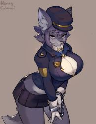 Rule 34 | 1girl, animal ear fluff, animal ears, animal nose, artist name, black hat, black jacket, black skirt, blue necktie, blush, body fur, breasts, brown background, buttons, cabbie hat, closed mouth, collared jacket, collared shirt, cowboy shot, cropped jacket, cuffs, female focus, furry, furry female, gloves, grey fur, handcuffed, handcuffs, hat, highres, honey calamari, jacket, large breasts, leaning forward, light blush, long sleeves, looking at viewer, midriff, miniskirt, necktie, open clothes, open jacket, original, own hands together, pleated skirt, police, police badge, police uniform, policewoman, purple hair, scar, scar across eye, scar on face, shirt, short hair, side slit, sidelocks, signature, simple background, skirt, snout, solo, standing, swept bangs, tail, two-tone fur, uniform, white fur, white gloves, white shirt, wolf ears, wolf girl, wolf tail, yellow eyes