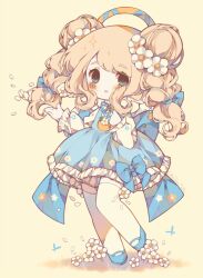 Rule 34 | 1girl, back bow, blonde hair, blue bow, blue dress, blue footwear, blue ribbon, blush, blush stickers, bow, bow skirt, braid, bug, butterfly, chibi, clenched hand, collared shirt, commentary, commission, double bun, dress, english commentary, eyelashes, falling petals, floral print, flower, flower bed, frilled dress, frilled shirt collar, frilled sleeves, frills, grass, green eyes, hair bow, hair bun, hair flower, hair ornament, insect, lemon print, light smile, littlebluemuffin, long hair, long sleeves, looking at viewer, mary janes, neck ribbon, open mouth, original, outstretched hand, painttool sai (medium), petals, puffy long sleeves, puffy sleeves, ribbon, shadow, shirt, shoes, short dress, sleeveless, sleeveless dress, thighhighs, twin braids, twintails, white flower, white shirt, white thighhighs, yellow background