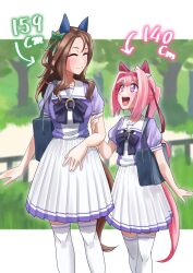 Rule 34 | 2girls, ^ ^, absurdres, animal ears, bag, blush, bow, bowtie, breasts, brown hair, closed eyes, closed mouth, feet out of frame, freely2327, haru urara (umamusume), height, height difference, highres, holding another&#039;s arm, horse ears, horse girl, horse tail, king halo (umamusume), long hair, looking at another, multiple girls, one side up, open mouth, pink hair, ponytail, purple eyes, purple shirt, sailor collar, school bag, school uniform, shirt, short sleeves, skirt, small breasts, smile, standing, tail, thighhighs, tracen school uniform, umamusume, white skirt, white thighhighs