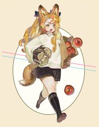 Rule 34 | 1girl, animal ears, apple, bag, blonde hair, bow, copyright request, fang, food, fox ears, fox girl, fox tail, fruit, hair bow, half updo, highres, holding, holding bag, kneehighs, log, long sleeves, looking ahead, open mouth, orange hair, paper bag, parted bangs, pleated skirt, ringlets, skirt, socks, solo, sottan (wowo0owow), sweater, tail, turtleneck, turtleneck sweater, twintails, walking