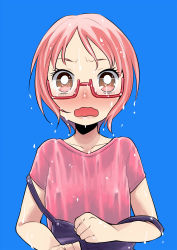 Rule 34 | 10s, 1girl, covered erect nipples, eyelashes, female focus, flat chest, glasses, pink hair, precure, red-framed eyewear, shirabe ako, short hair, simple background, solo, strap slip, suite precure, ukokkei, wavy mouth, wet, wet clothes, wet hair