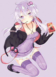 Rule 34 | 1girl, ahoge, bad id, bad pixiv id, blush, dress, food, food in mouth, hair between eyes, hair ornament, highres, holding, holding food, hood, hoodie, kamioka shun&#039;ya, long hair, looking at viewer, low twintails, mouth hold, open clothes, open hoodie, pocky, pocky day, purple background, purple dress, purple eyes, purple hair, purple thighhighs, revision, ribbed dress, ribbed sweater, short dress, short hair with long locks, sleeves past wrists, solo, striped, striped background, sweater, thighhighs, twintails, vocaloid, voiceroid, yuzuki yukari