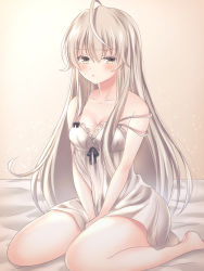 Rule 34 | 1girl, bare legs, between legs, blush, breasts, cleavage, dress, grey eyes, grey hair, hand between legs, highres, kasugano sora, lemode, long hair, looking at viewer, medium breasts, pout, seiza, sitting, solo, strap slip, thighs, very long hair, white dress, yosuga no sora