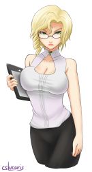 Rule 34 | 1girl, bare arms, blonde hair, breasts, cleavage, collarbone, cowboy shot, cropped legs, cslucaris, drawing tablet, drill hair, glasses, glynda goodwitch, green eyes, rwby, short hair, simple background, solo, white background