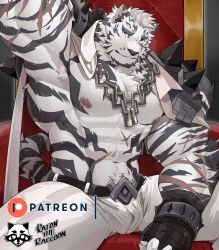 Rule 34 | 1boy, abs, absurdres, animal ears, arknights, armpit hair, armpits, bandaged hand, bandages, bara, bare pectorals, belt, black belt, bulge, chain, chain necklace, coat, coat on shoulders, furry, furry male, highres, jewelry, large pectorals, looking at viewer, male focus, mountain (arknights), muscular, muscular male, navel, necklace, nipples, pants, pectorals, ratontheraccoon, scar, scar across eye, scar on arm, scar on chest, scar on face, selfie, short hair, sitting, smile, solo, spread legs, stomach, thick thighs, thighs, throne, tiger boy, tiger ears, white fur, white hair, white pants