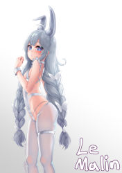 Rule 34 | 1girl, absurdres, animal ear fluff, animal ears, artist name, azur lane, blue eyes, blush, braid, breasts, character name, crotchless, crotchless pantyhose, fake animal ears, from side, groin, hand to own mouth, highleg, highleg leotard, highres, hryeon, le malin (azur lane), le malin (listless lapin) (azur lane), leotard, long hair, official alternate costume, pantyhose, playboy bunny, rabbit ears, sideboob, silver hair, small breasts, solo, thigh strap, thighs, twin braids, twintails, very long hair, white leotard, white pantyhose, wrist cuffs