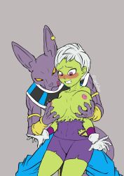 Rule 34 | 1boy, 1girl, artist request, beerus, breasts, cheelai, colored skin, dragon ball, dragon ball super, dragon ball super broly, green skin, hetero, highres, imminent penetration, medium breasts, nude, presenting, sex, sex from behind, sexually suggestive, short hair, shorts, white hair