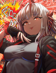 Rule 34 | 1girl, :p, antenna hair, arknights, black gloves, black jacket, breasts, closed mouth, explosion, fingerless gloves, gloves, grey hair, grey shirt, hand on own chest, highres, horns, impossible clothes, impossible shirt, jacket, large breasts, long sleeves, looking at viewer, multicolored hair, open clothes, open jacket, orange eyes, red hair, samacho, shirt, smile, solo, tongue, tongue out, two-tone hair, upper body, w (arknights)